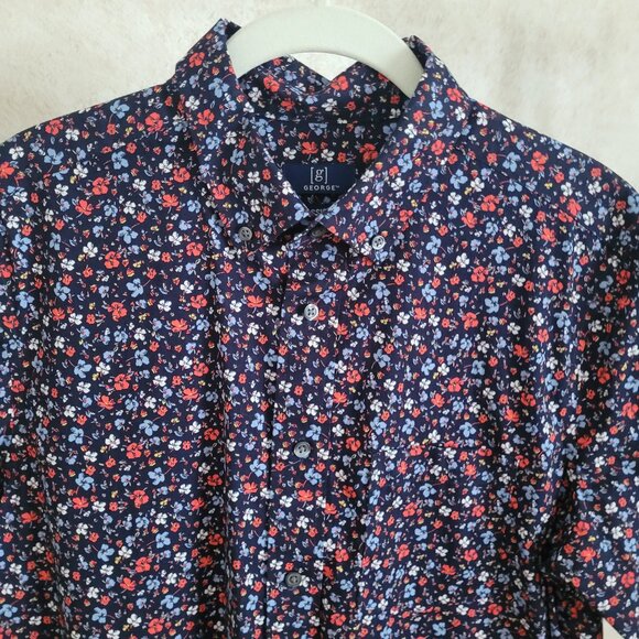 George Other - George Navy Blue Floral Mens Shirt Short Sleeve Classic Fit Size M NWOT